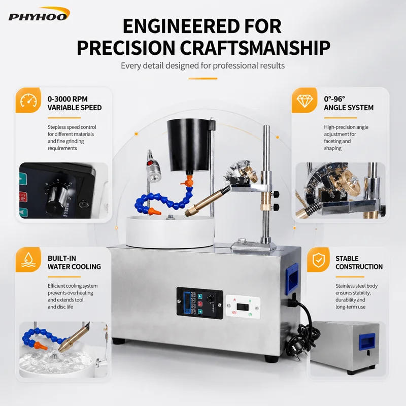 PHYHOO Gemstone Faceting Machine Lapidary Rock Crystal Grinder Polisher Jewelry Making Flat Grinding System Water Cooling 180W 6