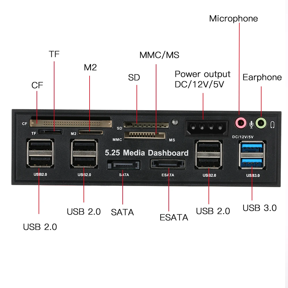 Multi-Function USB 3.0 Hub eSATA SATA Port Internal Card Reader PC Dashboard Media Front Panel Audio for SD MS CF TF M2 MMC