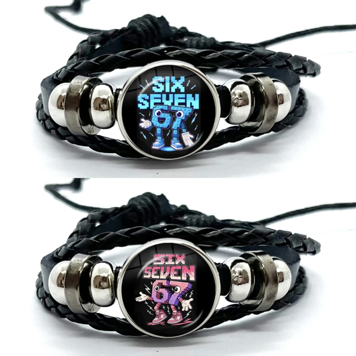 Six Seven 67 Steal A Brainrot Funny Meme Leather Bracelets Glass Dome Snap Button Bracelet & Bangles Fashion Women Men Jewelry