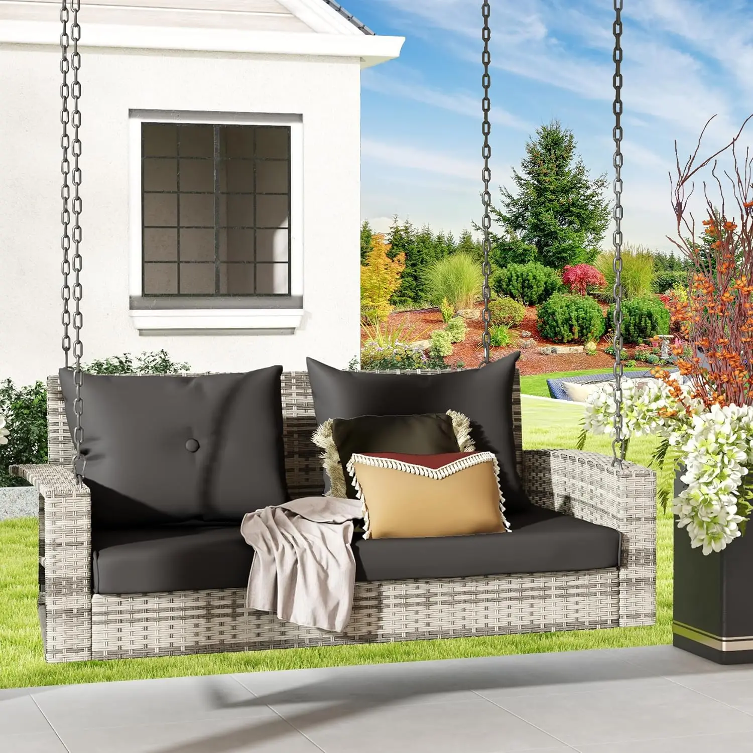

2-Seater Wicker Swing Chair. Outdoor Gray Rattan. 2 Back Cushions. 530lbs Capacity. Garden, Balcony. Gray Rattan. Black Cushion.