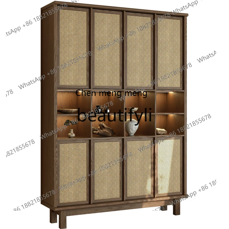 New Chinese-style rattan wood grain wall cabinet storage wabi tea room background cabinet