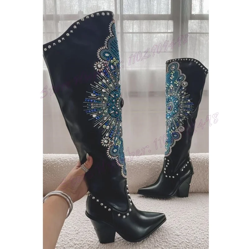 White Rhinestone Chunly Heels Boots Pointed Toe Shoes for Women Matte Leather Knee High Knight\'s Shoes 2024 Zapatos Para Mujere