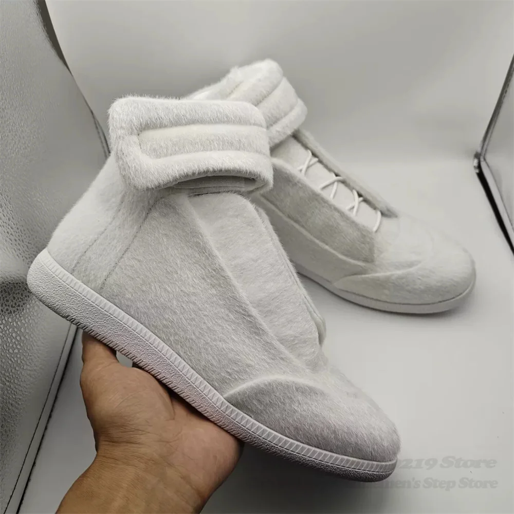 White Faux Fur Casual Sports Shoes Men Round Toe High Top Fashionable German Training Shoes Hook & Loop Outside Ankle Boot