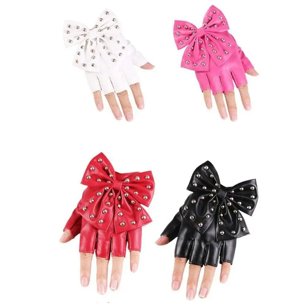 

Модные танцевальные перчатки с большим бантом, уличные танцевальные перчатки из искусственной кожи с заклепками и половиной пальца, перчатки из искусственного материала, корейские аниме, женские перчатки