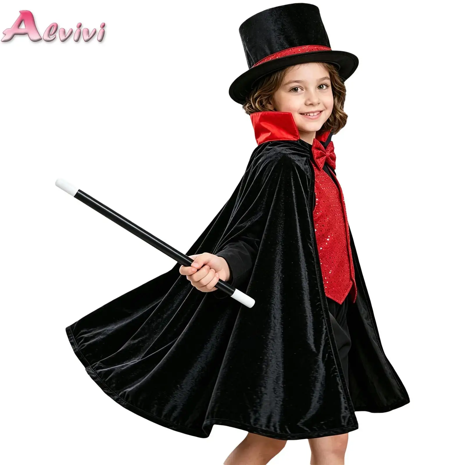 Kids Halloween Magician Vampire Costume Bowtie Cape Sequin Vest Velvet Top Hat Gloves Wand Outfit for Carnival Stage Performance