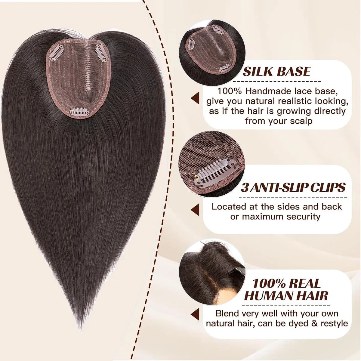 PROKYVITY 10x12cm Side Part Human Hair Topper Hand-Made Mono Top Wig Natural Look Clip-In Extension for Women Single Knot Design