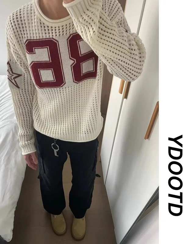 

American Retro Design Hollow out Knitted Long Sve round Ne T-irt Men's Summer Faion Cleanfit Casual Loose Sle