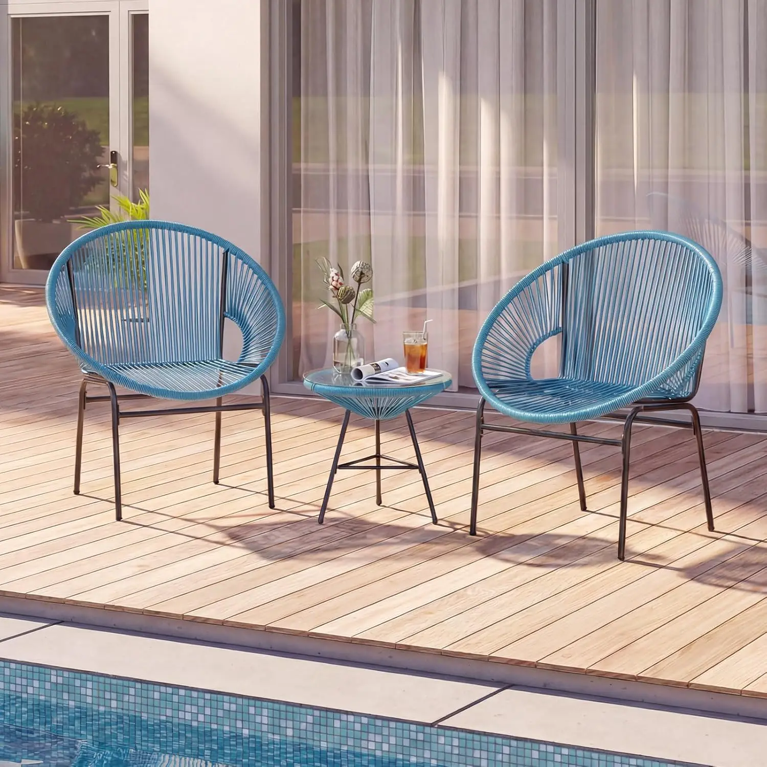 3 Piece Outdoor Patio Furniture Set, Acapulco Chair Set w/Plastic Rope, Tempered Glass Table, Customized