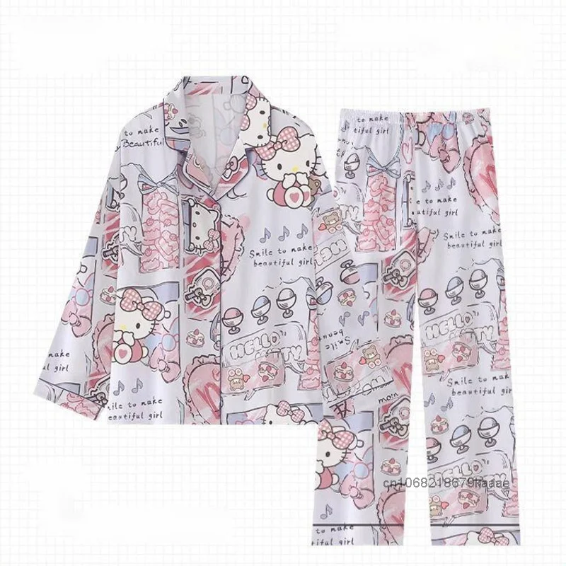 Sanrio Hello Kitty Cartoon Printed Long Sleeved Pajamas Spring Autumn New Cardigans Home Suit Set Japanese Style Cute Sleepwear