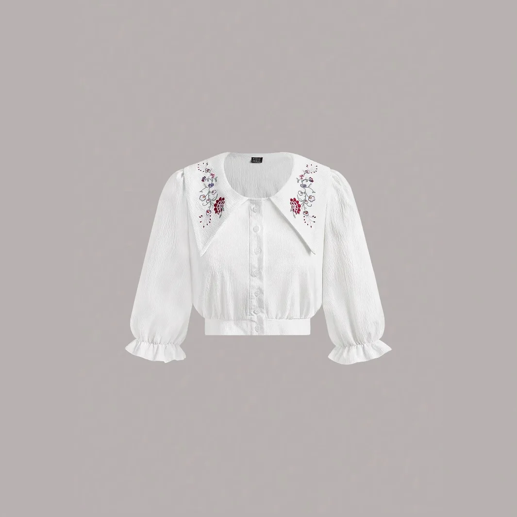 

2025 Summer New Women's Fashion Solid Color Lapel Embroidery Joker Casual Elegant Ladies' Top