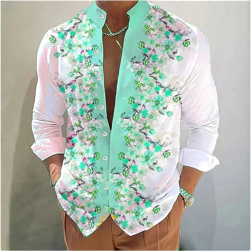 2024 hot spring and summer new men\'s stand-up collar shirt 3D digital printed flower pattern large size long-sleeved top