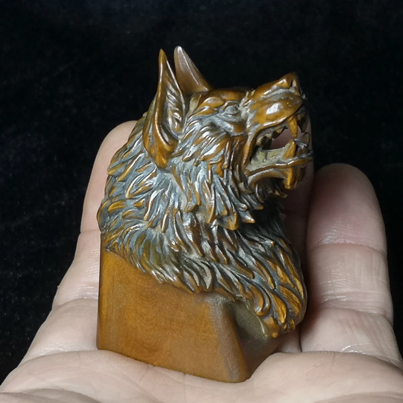 H 6 CM Chinese wood Boxwood Hand Carved Animal wolf head Figure Statue netsuke desk Decoration gift Collection