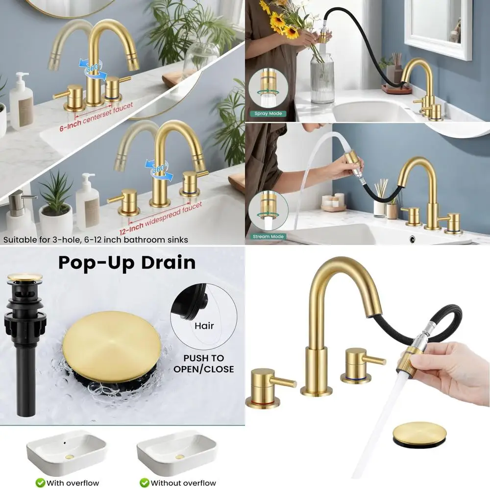 

Смеситель для раковины в ванной комнате из матового золота с 3 отверстиями, выдвижным распылителем и 360° ° Поворотный излив, 8, широко распространенный с выдвижным сливом