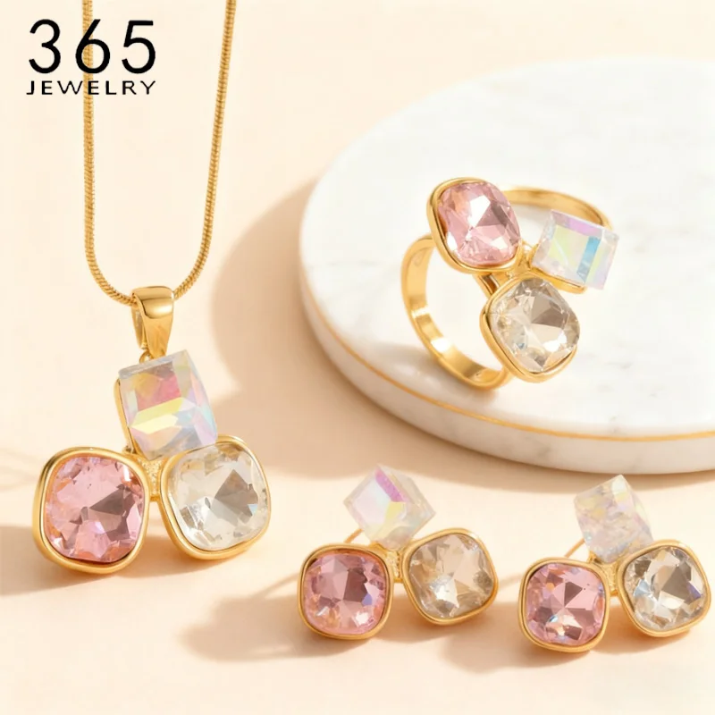 365 Multiple Styles Geometric Square Zircon Necklace Earring Ring Stainless Steel for Women Party Daily Wear Set Jewelry Gifts
