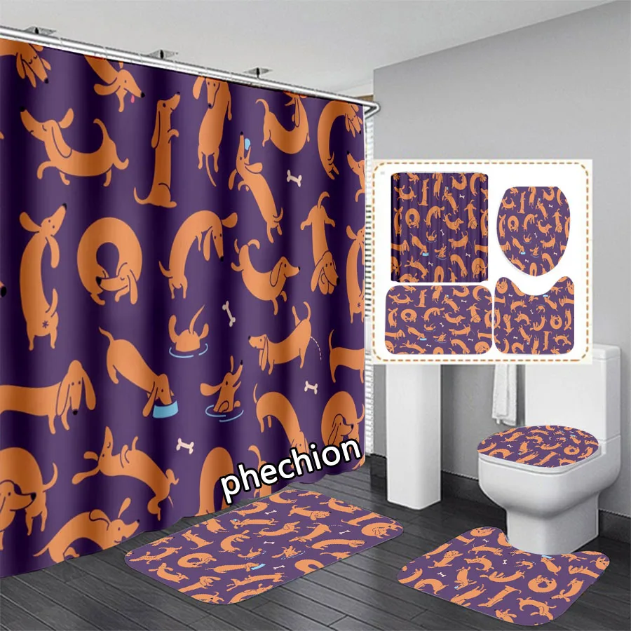 phechion New 3D Print Dachshund Shower Curtain Waterproof Bathroom Curtain Anti-slip Bath Mat Set Toilet Rugs VR242