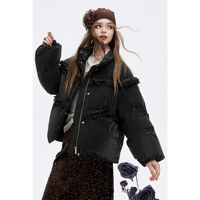 ELFSACK 2025 الشتاء الوافدين الجدد Y2K الصلبة كشكش ستراند طوق سترة منفوخة للأسفل للنساء