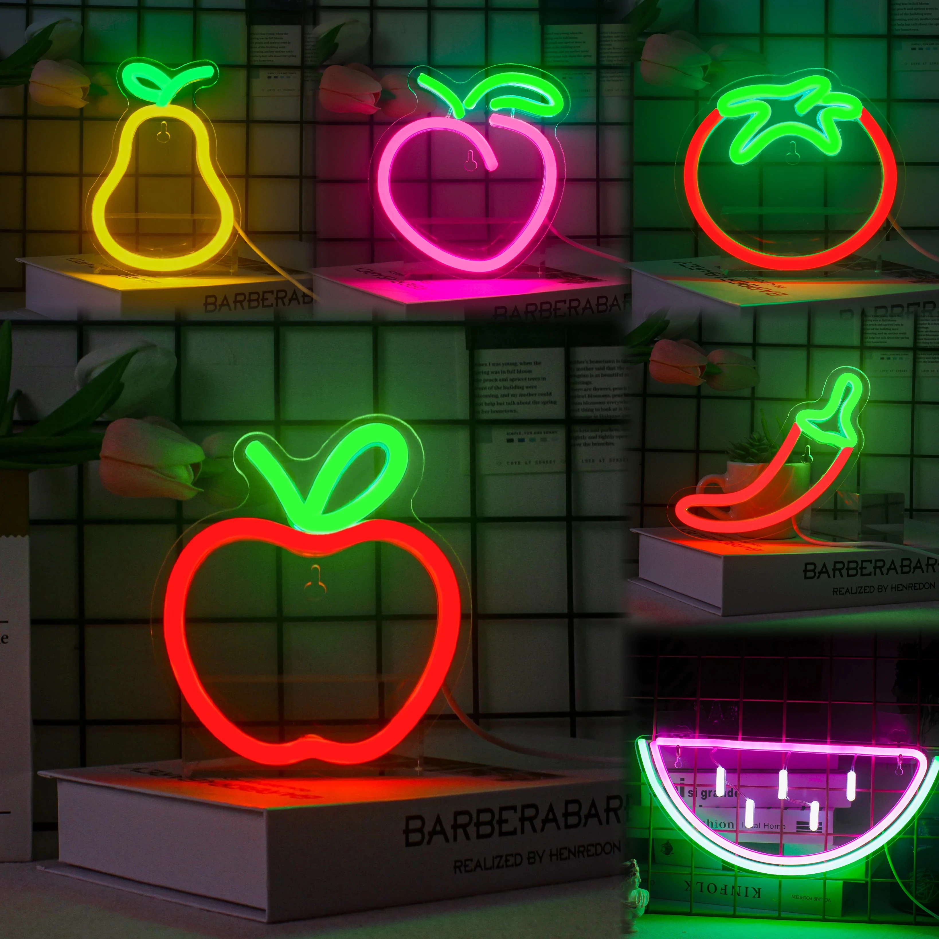 Mini Fruit Neon Signs Cute Fruits LED Lights For Wall Decor USB Powered Light Up Sign For Room Restaurant Bar Fruit Dessert Shop