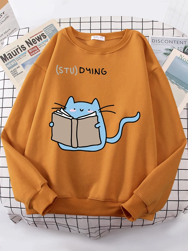 Females Sweatshirts Love Studing Cute Cat Printed Tops Womens Korean Fashion Oversize Sweater Kawaii Animal 2022 New Lady Hoodie