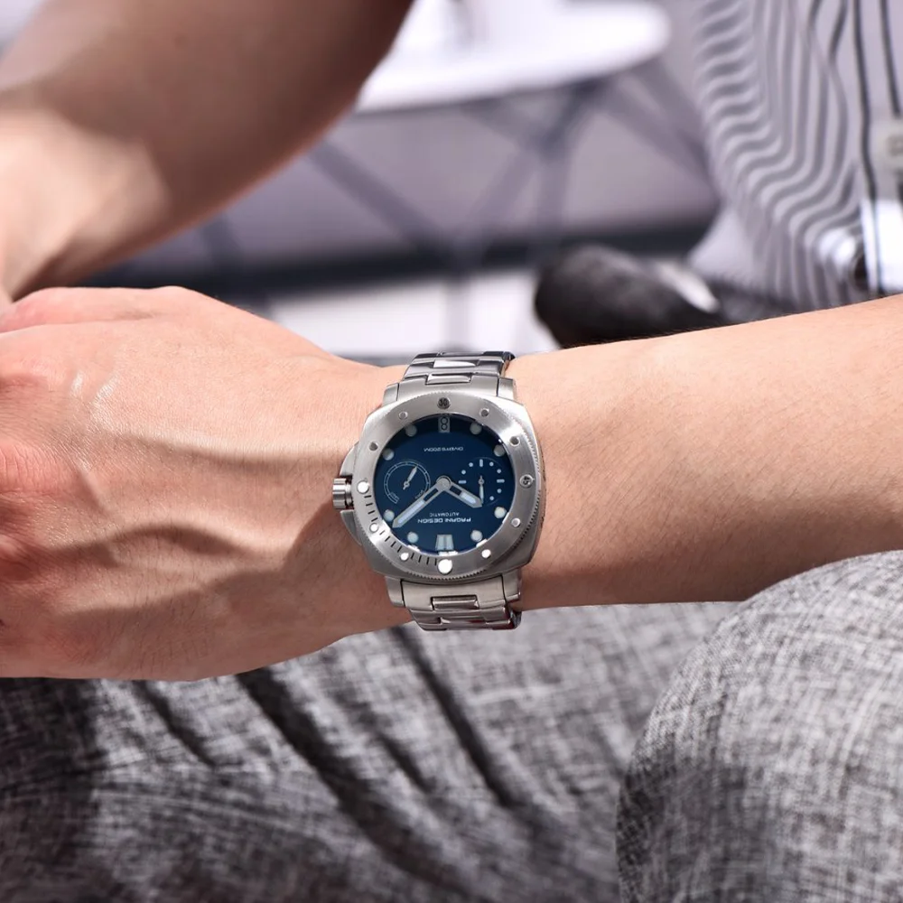 ساعة غوص ميكانيكية أوتوماتيكية من Pagani Design مصنوعة من الفولاذ المقاوم للصدأ وكريستال الياقوت AR وعرض تخزين الطاقة ساعة ميكانيكية للرجال