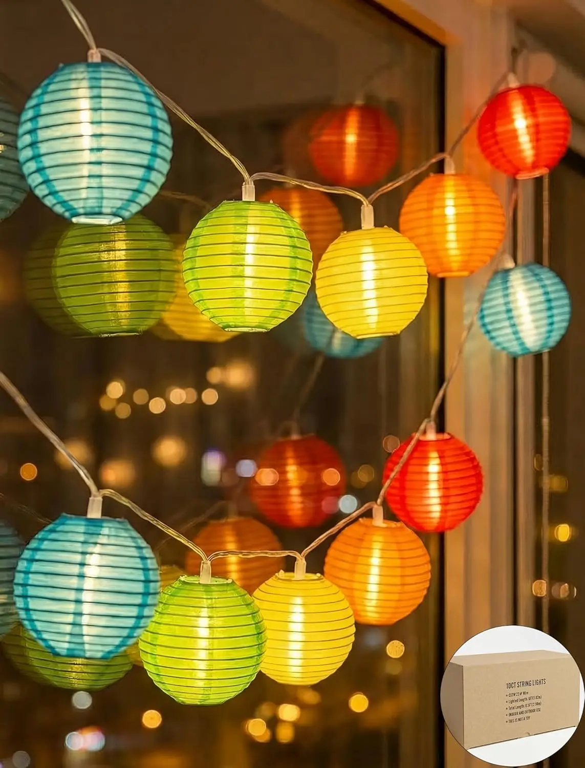 

8.5Ft Multicolor Lantern String Lights, 10 Colorful Nylon Lanterns, Weatherproof, Energy-Efficient, White Wire for Indoor/Outdoor Party Decor