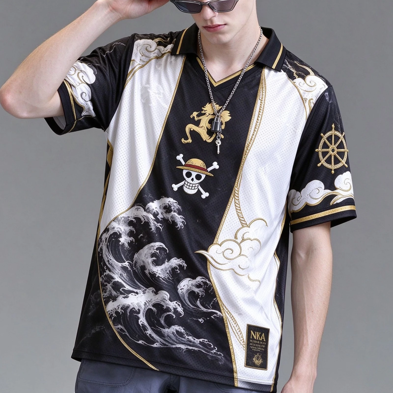 Nika Luffy One Piece Harajuku V Neck Collared Polo Football Jersey Trendy Casual Street Sports T Shirt Family Matching top