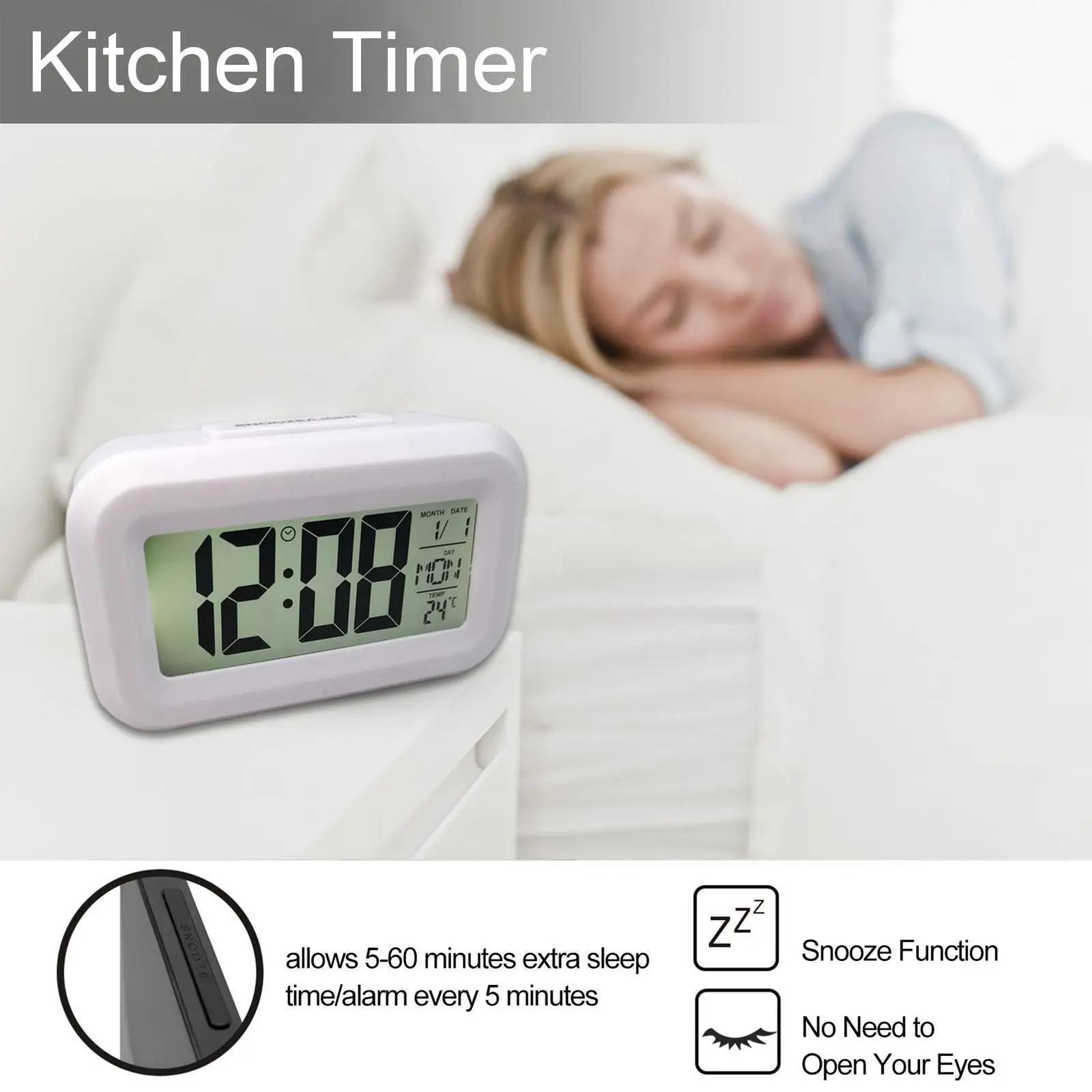 Digital Alarm Clock With Backlight,12/24h,temperature(°c/°f),alarm Clock Clock,snooze,date,weekend Mode,battery White Opera T9k8