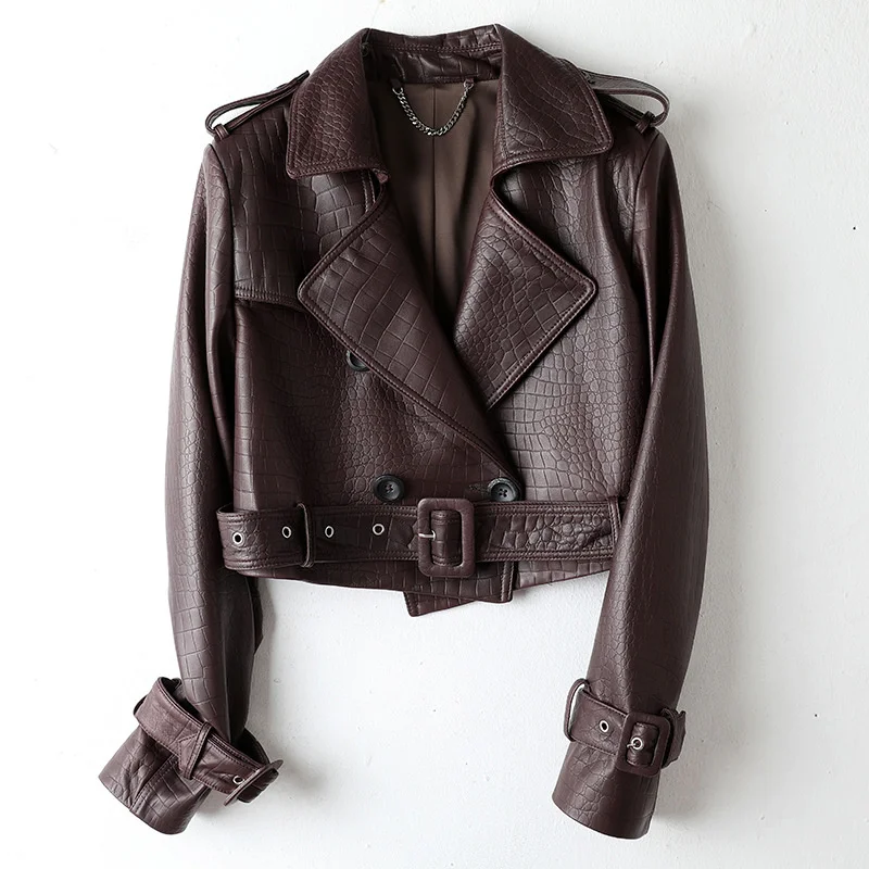 

Genuine leather jacket autumn/winter new lapel embossed sheepskin short waistband long sleeved motorcycle jacket for women