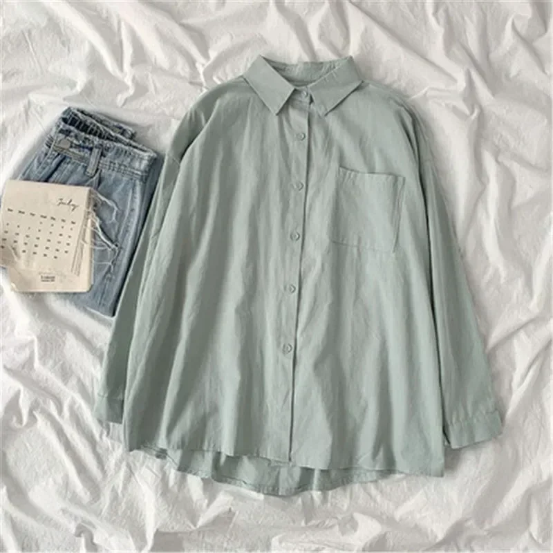 Blus kerah Turn-Down Fashion Korea, baju atasan lengan panjang longgar warna polos gaya Preppy musim gugur baru 30269