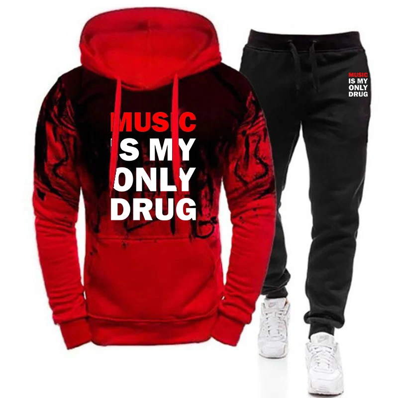 2025 Music is My Only Drug Spring And Autumn Man's High Street Popular Gradient Color Hoodies+Leisure Pants Suit