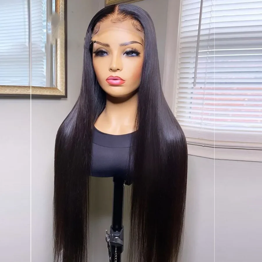 شعر مستعار ناعم 26 بوصة 180 كثافة طبيعي أسود بدون صمغ طويل مستقيم عميق باروكة أمامية من الدانتيل للنساء مع شعر أطفال مقطوف مسبقًا يوميًا