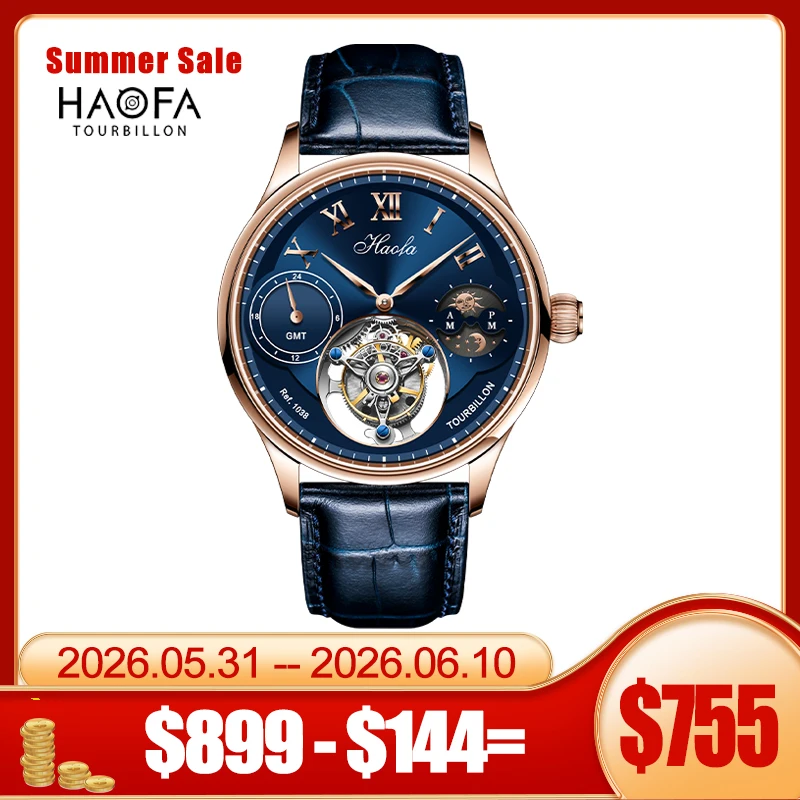 Haofa GMT Flying Tourbillon Man watch 1038 Day And Night Tourbillon Mechanical Skeleton Men Watches Luxury