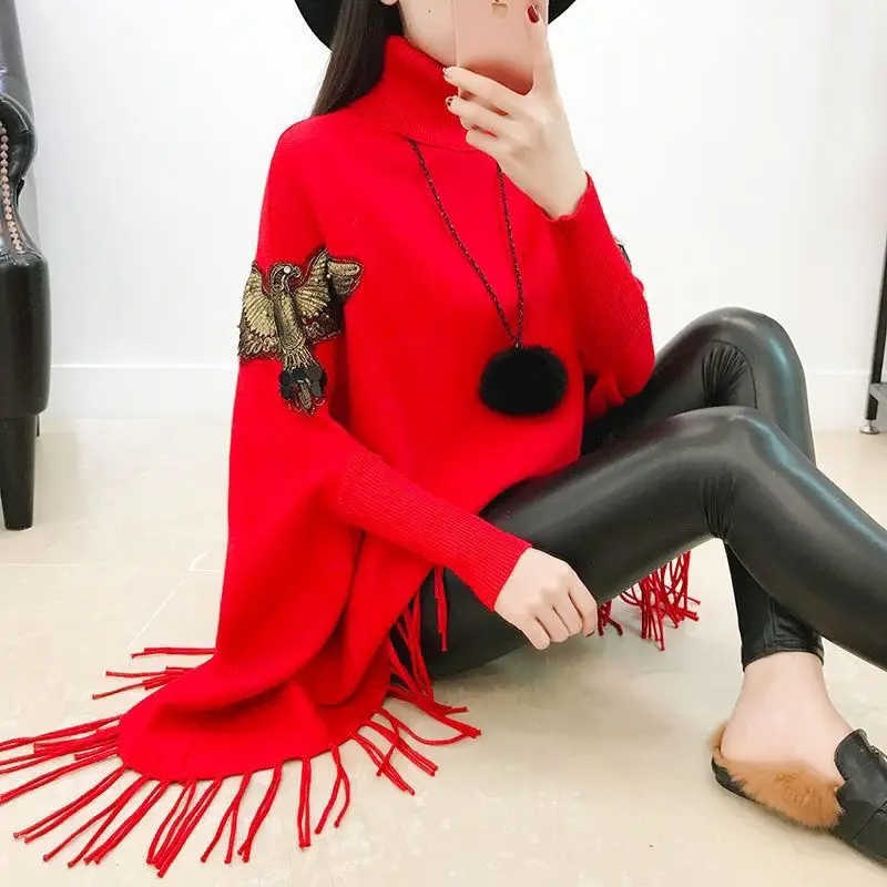 Winter Long Sleeve Poncho for Warm Scarf Knitting Turtleneck Thicken Pashmina Shawls and Wraps Tassel Wearable Poncho Capes T338