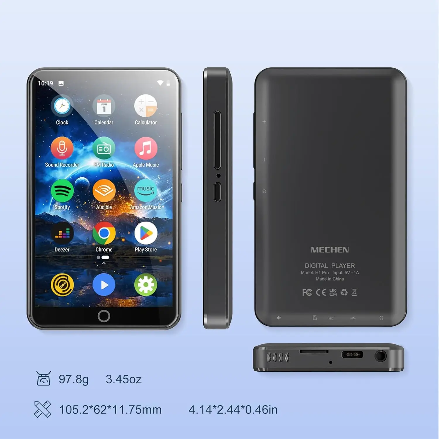 MP3 Player with Bluetooth and WiFi，4" Touch Screen Music Player Android 9.0 MTK 8 Core，MP4 Player with Spotify，Audible，Deezer，Am