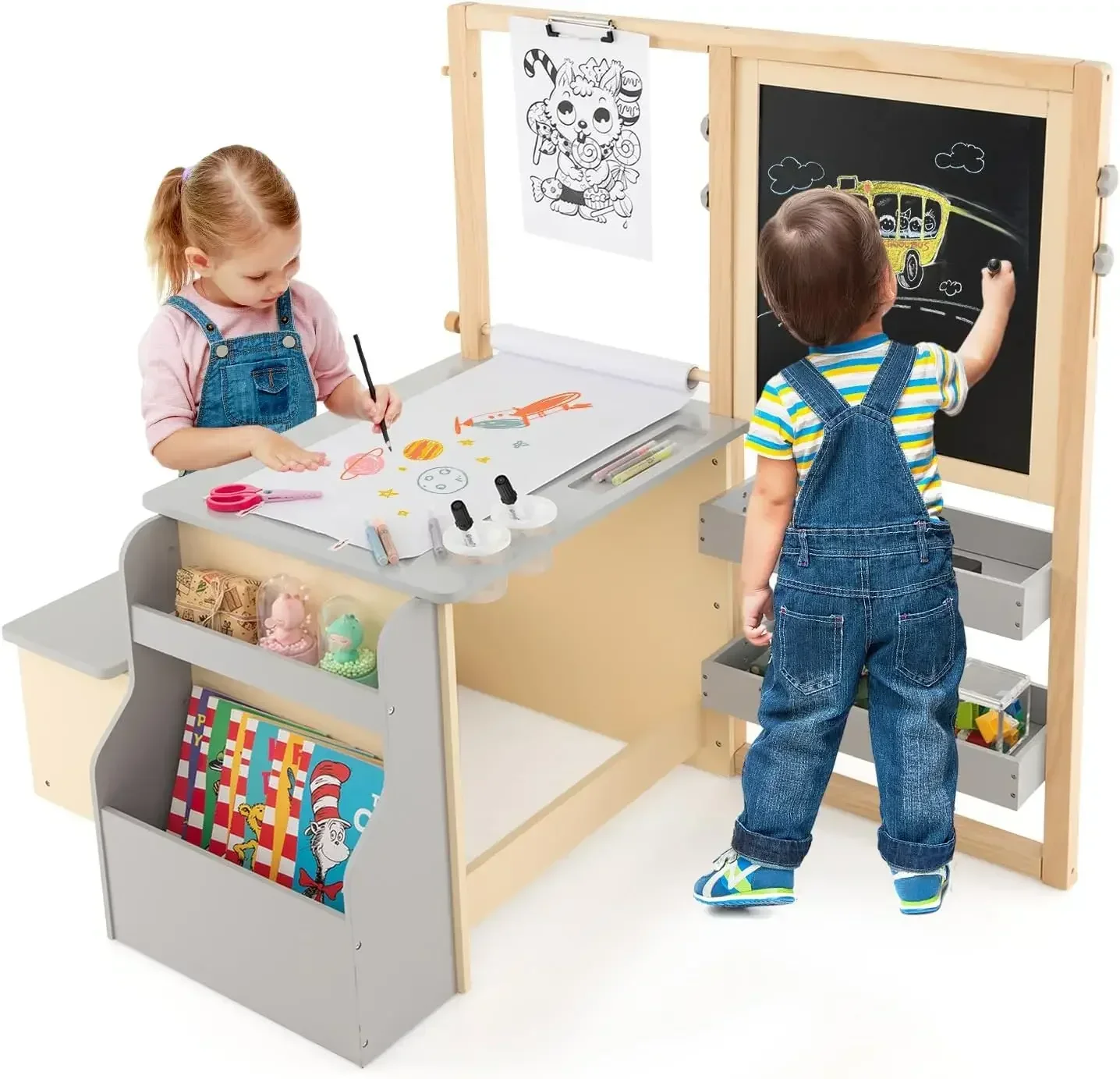 Easel for Kids,Wooden Art Center with Double-Sided Blackboard & Whiteboard for Drawing,Crafts, Writing,Toddler Activity Table