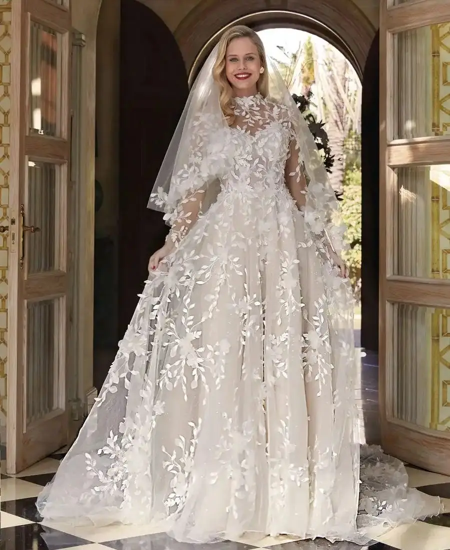 

Charming High Neck Wedding Dresses Charming Lace Appliques Bridal Gowns Long Sleeves Sweep Train Customized Vestidos De Mariee