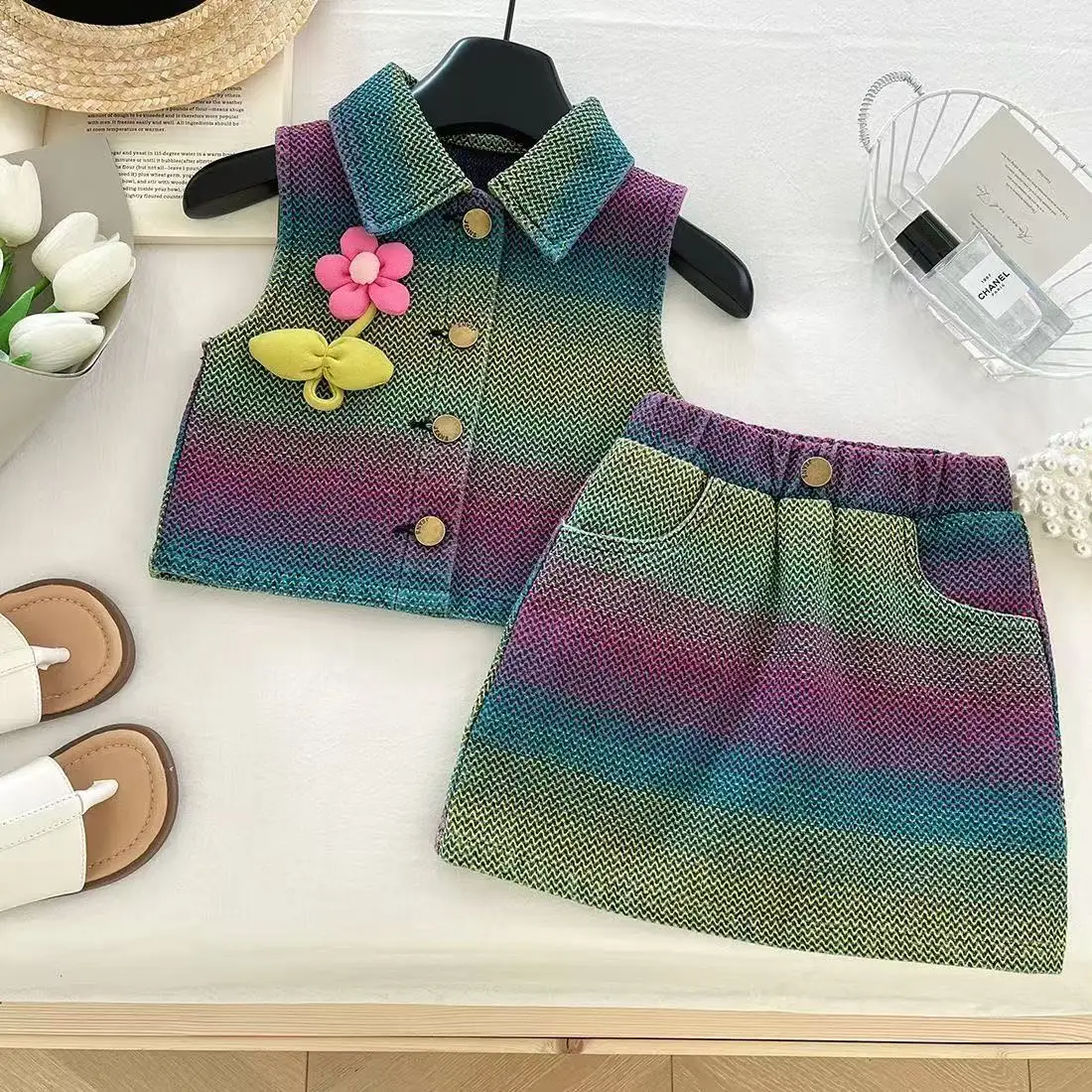 

Girls Summer Set 2025 New Western Style Girl Sweet Pink Love Short Sleeves+Fashionable Short Skirt Two Piece Set Kids Outfits