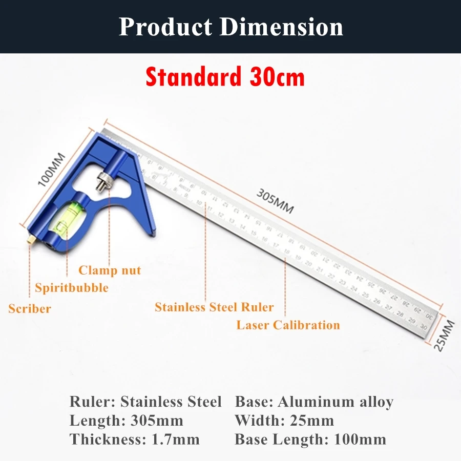 30/40cm Multifunctional Combination Square Ruler, Woodworking Combination Angles Measuring Instrument for Accurate 90/45 Degree