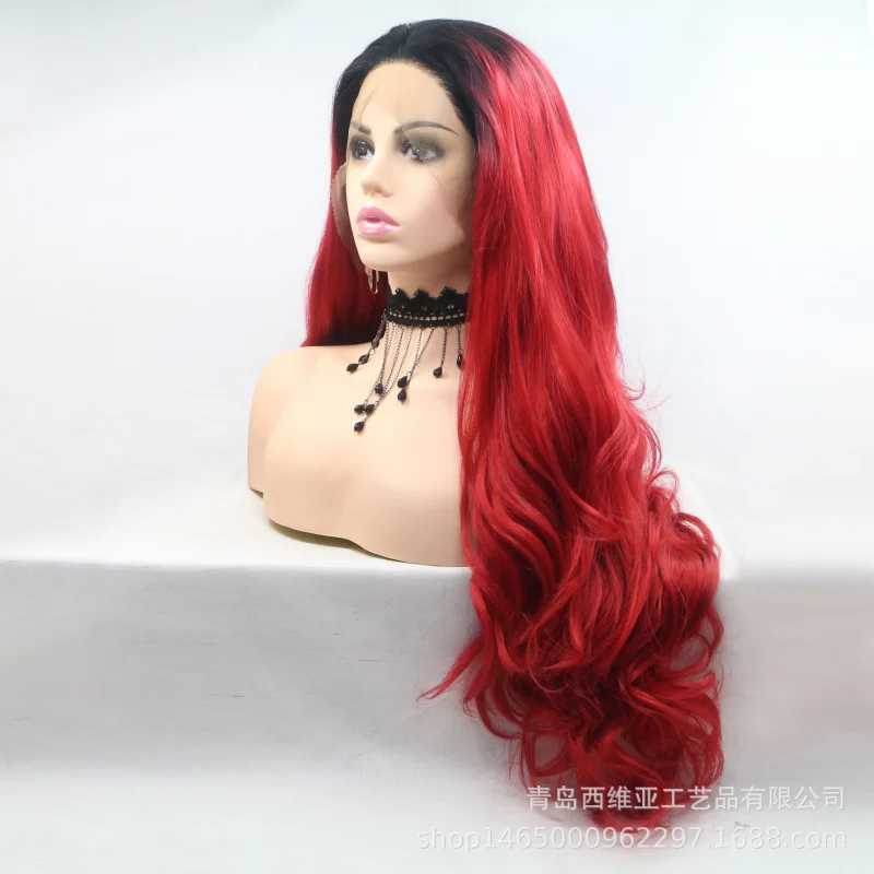 

Gradient red long wavy synthetic lace front wig with rose elastic inner net cap