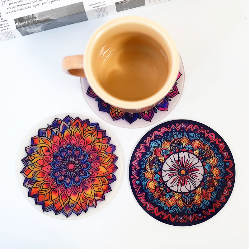 1PCS Acrylic Coasters Mandala Pattern Waterproof and Slip Resistant Cup Mats Fireproof Table Protector Kitchen Items Accessories