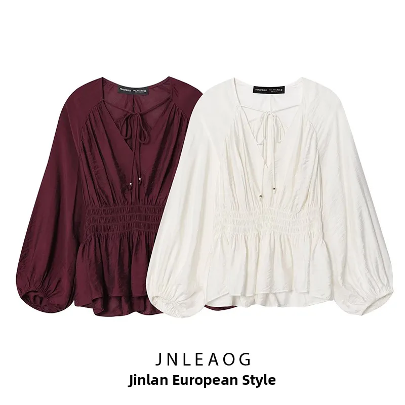 

Faionable Casual Women's irt Autumn New Sle Pleated Versatile Long Sve Polyester Fiber Resistant to Deformation