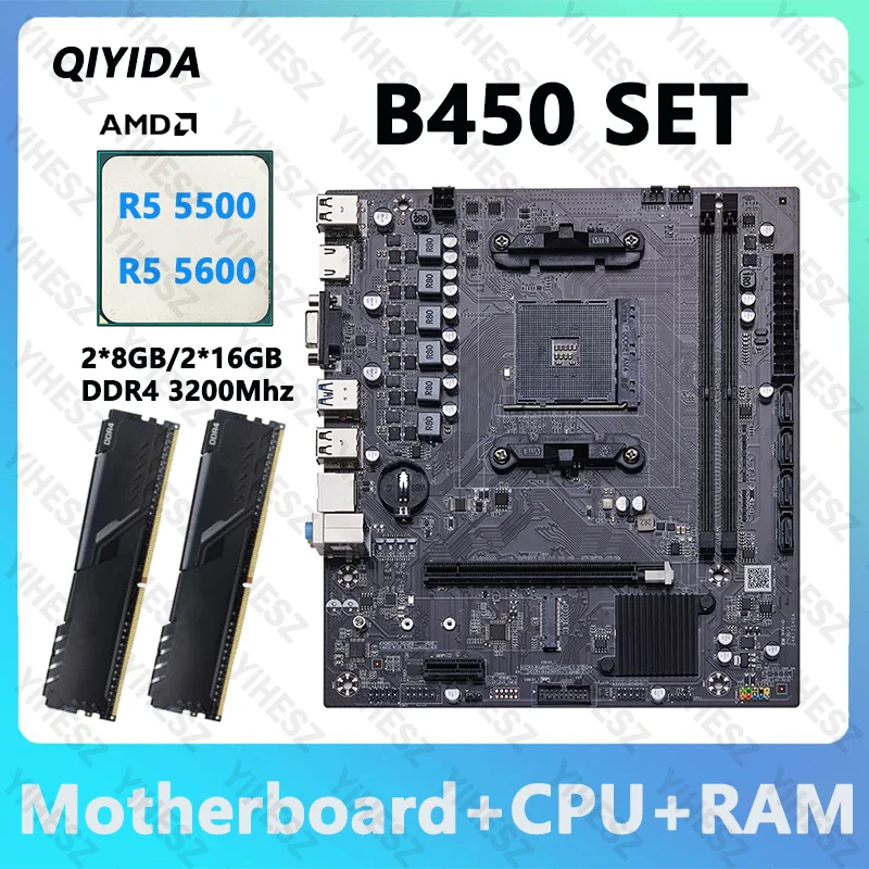 

Комплект материнской платы QIYIDA B450 с AMD R5 5500/R5 5600 и 2*16 ГБ оперативной памяти DDR4 3200 МГц, поддержка NVME NGFF M.2 USB 3.0 VGA, двухканальный