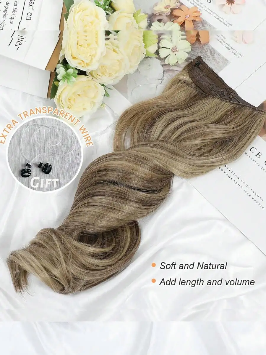 18 Inch Invisible Wire Hair Extensions, Fluffy Wavy Halo Style Extensions With 2 Adjustable Clips, Soft Transparent Lace, Natural Long Wavy Extensions, Suitable For Women - Sandy Blonde With White Highlights - view 4