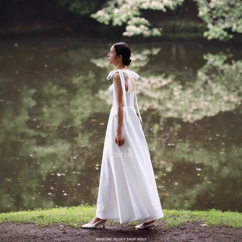 Vestidos de novia elegantes de satén blanco para mujer, sesión de fotos de Corea, correas ajustables, largo hasta el tobillo, vestido de novia con corsé en la espalda personalizado
