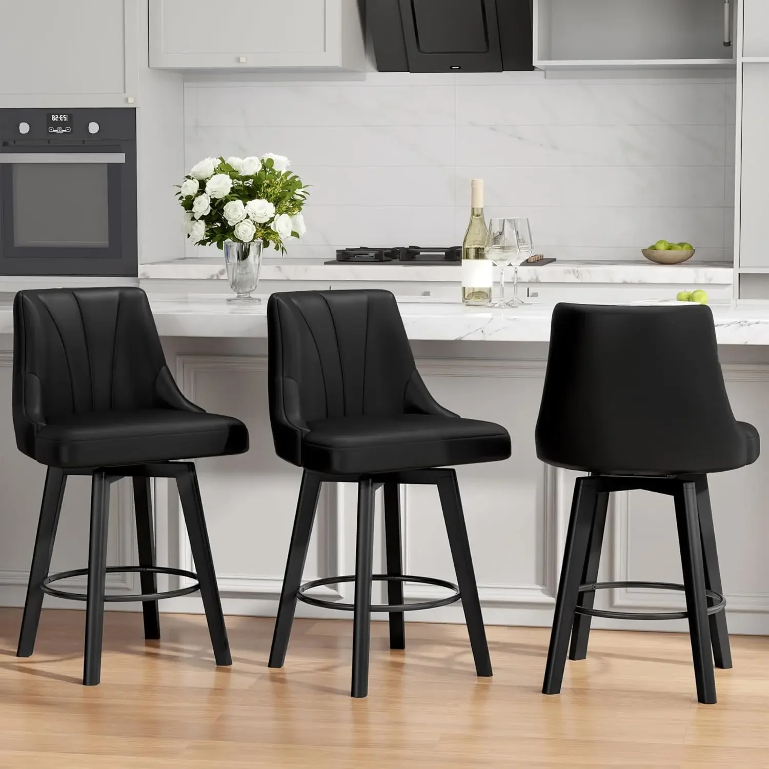 Counter Height Swivel Bar Stool Set of 3, Black Upholstered PU Leather with Back & Solid Wood Legs