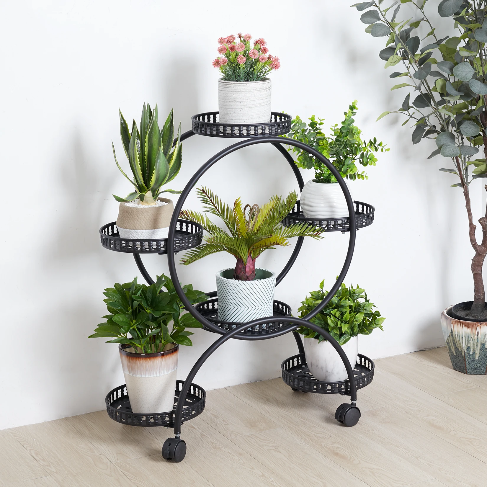 4 Layer 6 Pots Flower Holder Plant Stand Shelf 4-Wheel Free Moving Dispaly Shelf Rack Balcony