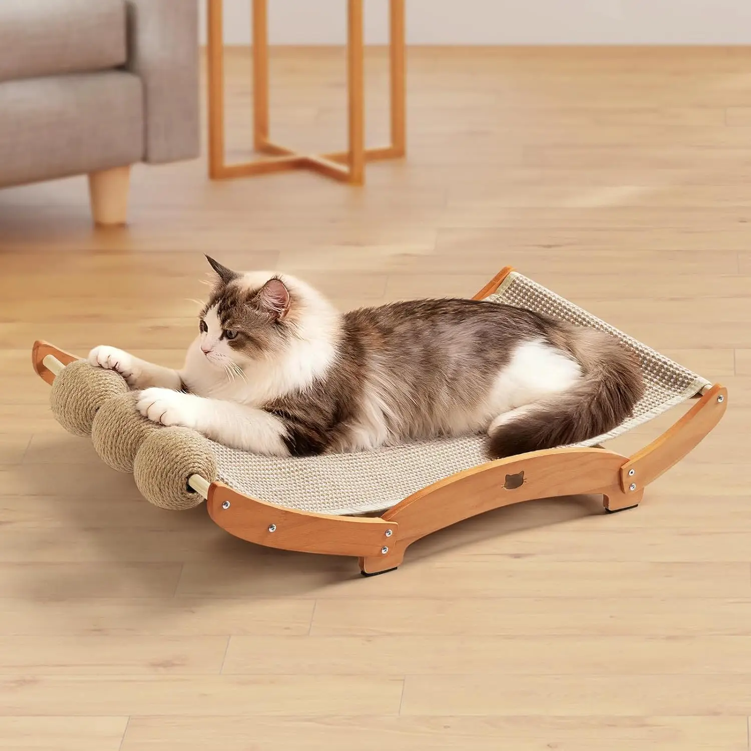 

Extra-Larger Sisal Cat Scratcher Bed with Ball, 3-in-1 Cat Scratching Pad with Hammock, Natural Sisal with Solid Wood Fr