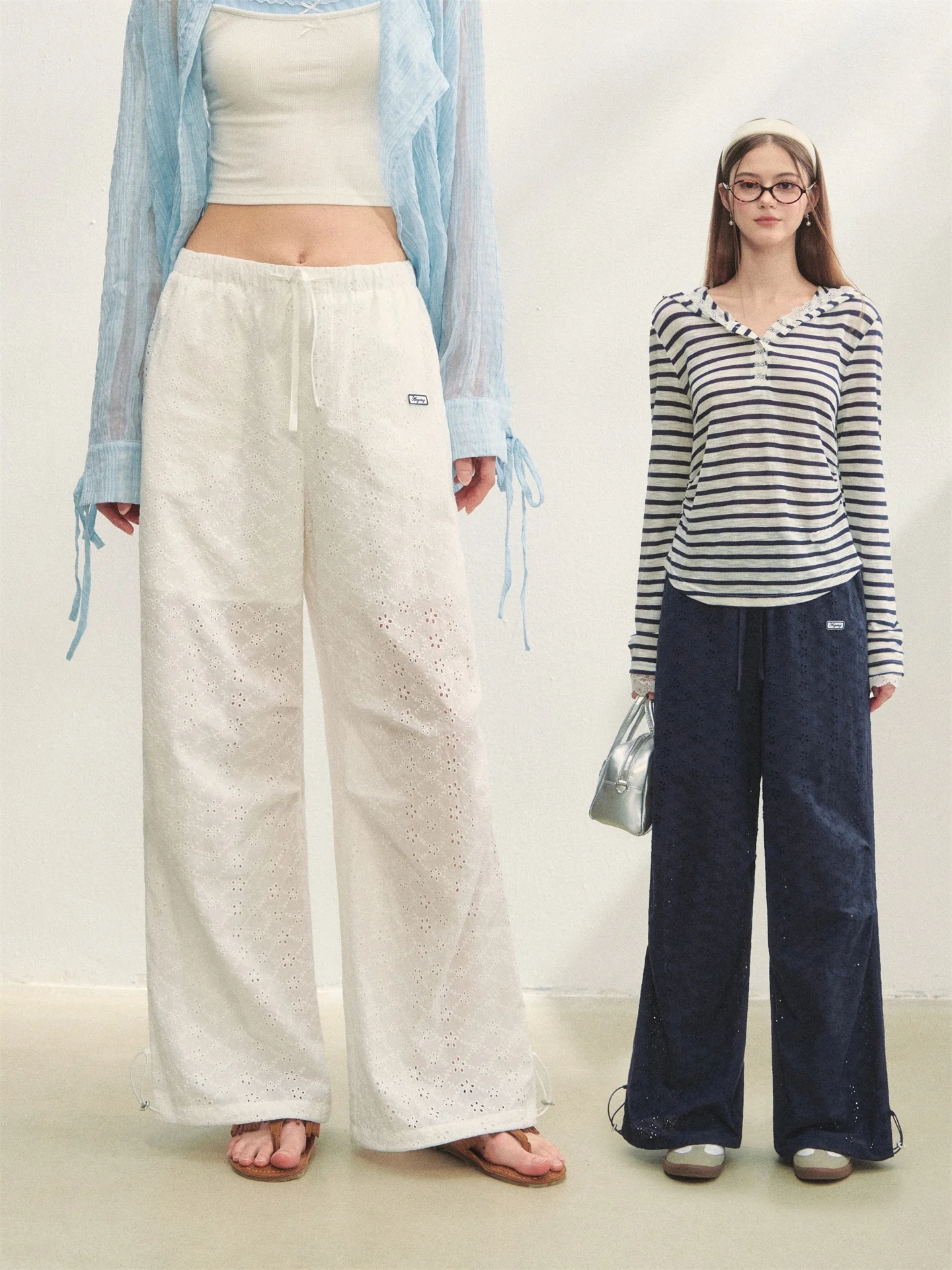 

AsGony Embroidered Hollow out Belted Casual Pants Loose Fit Thin Wide Leg Long Pants Korean Sle Simple Design Polyester Fiber