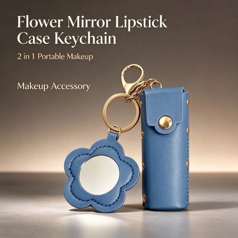 Flower Mirror Lipstick Case Keychain Creative Portable Makeup Mirror Leather Lipstick Holder Bag Charm Fashion Purse Accessory