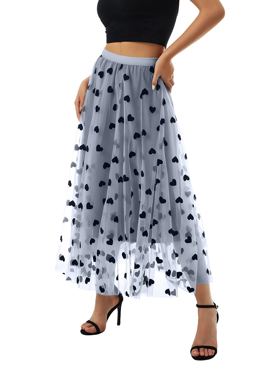 Women's Valentine's Day Love Printing Tutu Tulle Skirts Elastic High Waist Floral Print Mesh Overlay Layered A Line Midi Skirts