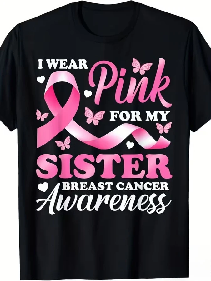 I Wear Pink For My Sister T Shirt Women Breast Cancer Awareness Month Graphic Tees Pink Ribbon Butterfly Letter Printed Black Crew Neck Short Sleeve Top Charity Outfits